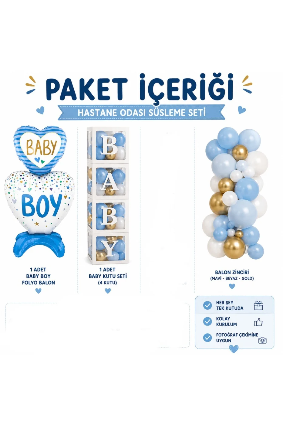 Baby Boy Hastane Odası Süsleme Seti | Erkek Bebek Hastane Karşılama Dekorasyon Seti | 4'lü BABY Kutu + Balon Zinciri Ve Balon Bandı + Folyo Balon | Premium Tam Set gorsel 3