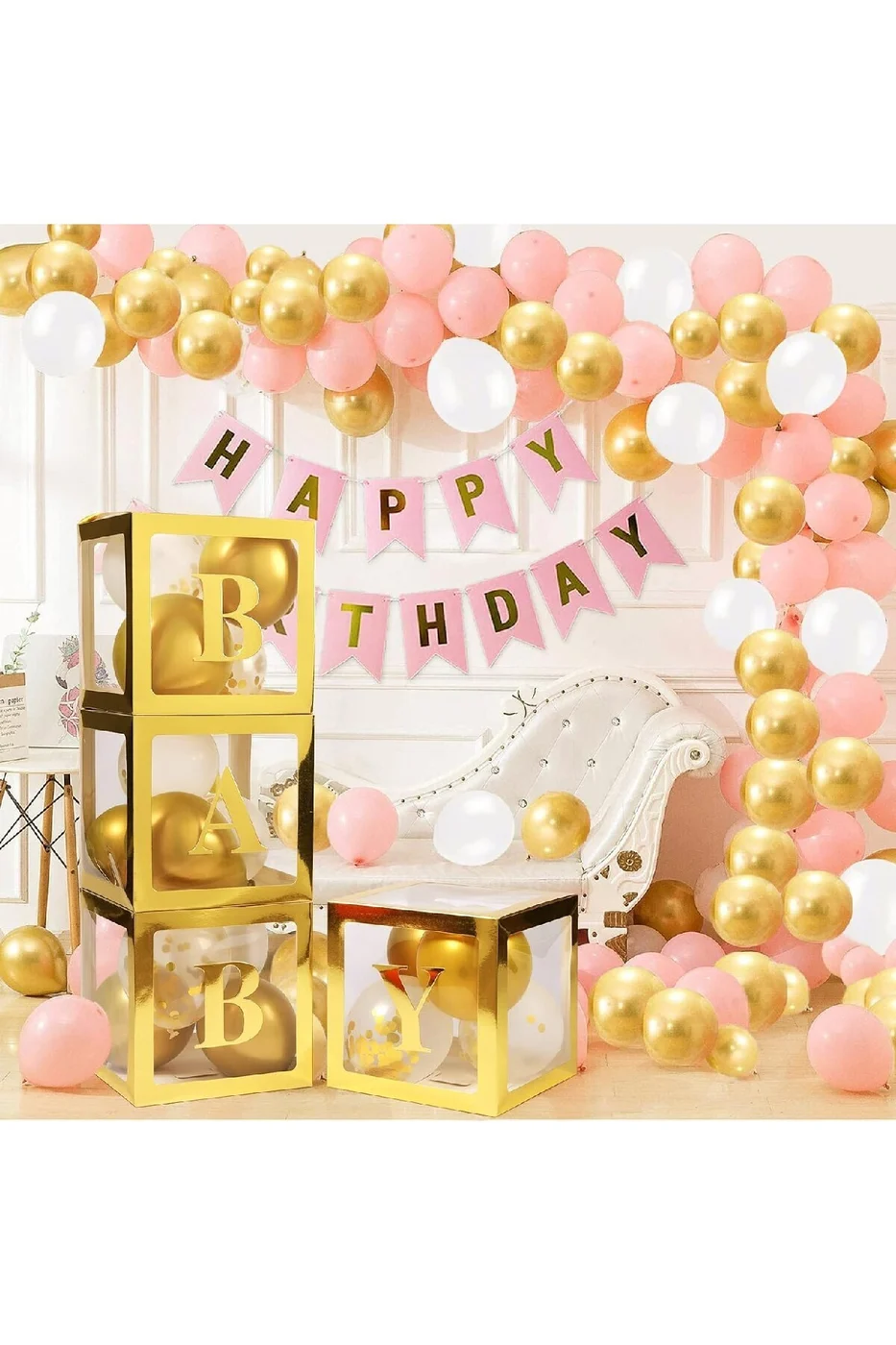 Gold Kutululu 50 Adet Balonlu Pembe İyiki Doğdun Uzar Yazılı Lüks Doğum Günü Parti Seti Süsü