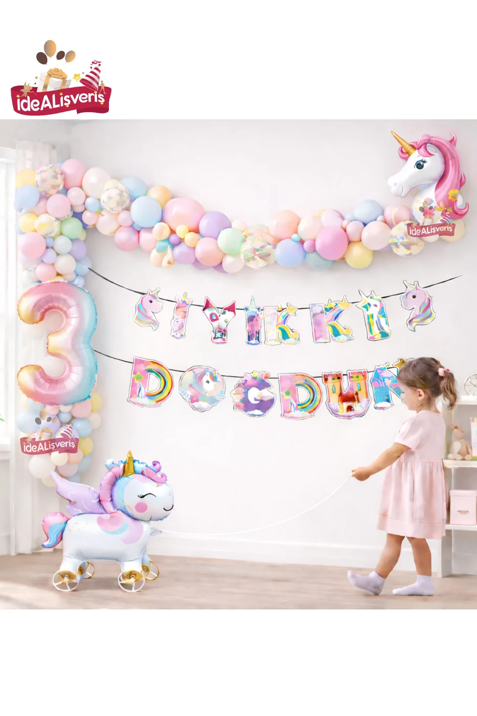Tekerlekli Unicorn Doğum Günü Konsept Seti – Çekilebilir Folyo 3 Yaş Balonlu Makaron Balon Zinciri