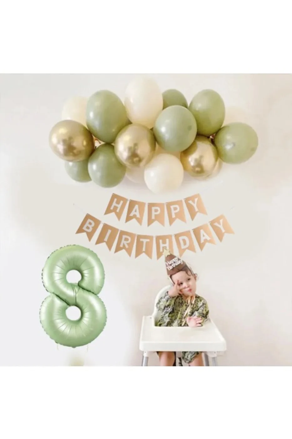 Retro Su Yeşili Rakam Folyo Balon Küf Yeşili Pastel Balon Zincir Seti Doğum Günü Parti Seti Süsü
