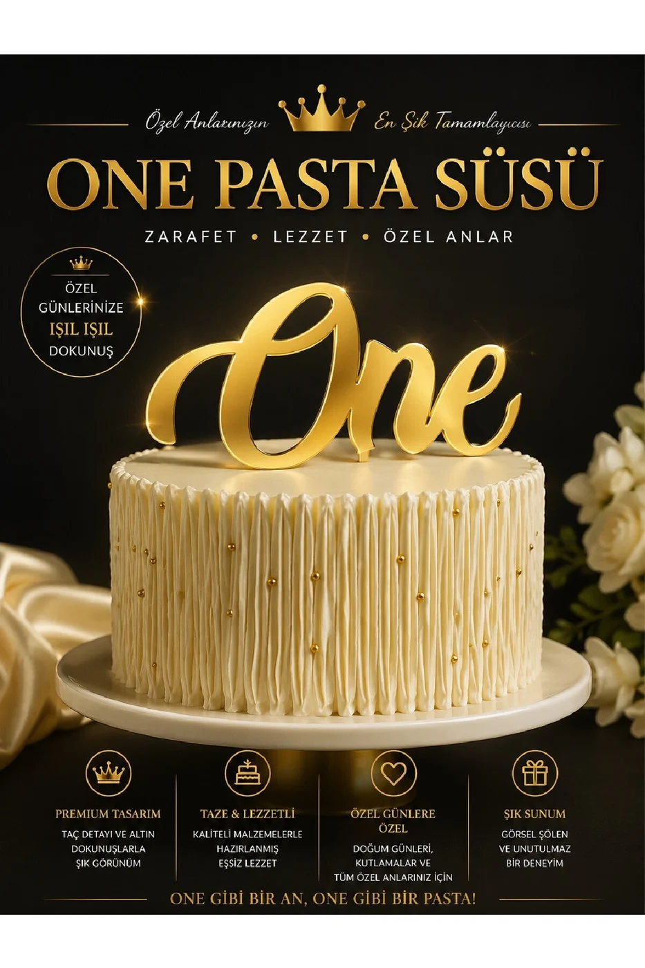 One Cake Topper (Gold Gümüş Pleksi) One Pasta Süsü 1 Yaş Doğum Günü Pleksi Gold Gümüş Pasta Üstü Yazı Dekor gorsel 4