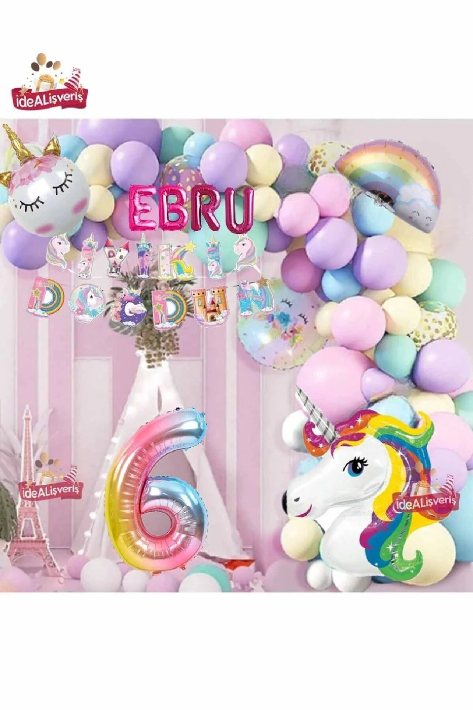 4 Harfli 6 Yaş Unicorn Temalı Iyi Ki Doğdun Makaron Balon Doğum Günü Parti Kutlama Seti Süsü