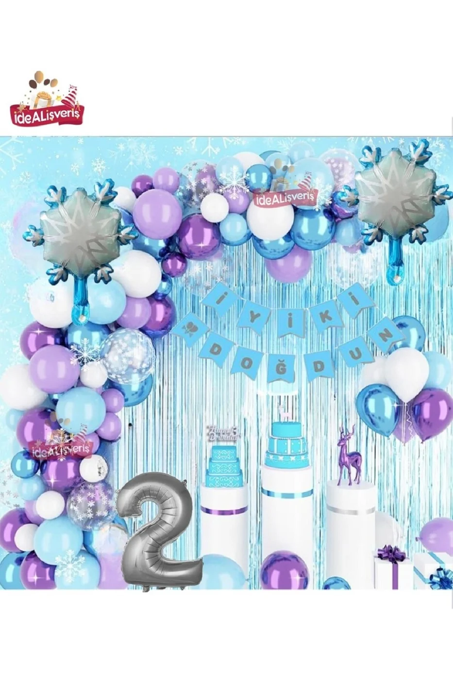 KIZ ÇOCUKLARI İÇİN LÜKS 2 YAŞ FROZEN ELSA TEMALI KAR TANESİ FOLYOLU DOĞUM GÜNÜ PARTİ SETİ SÜSÜ gorsel 3
