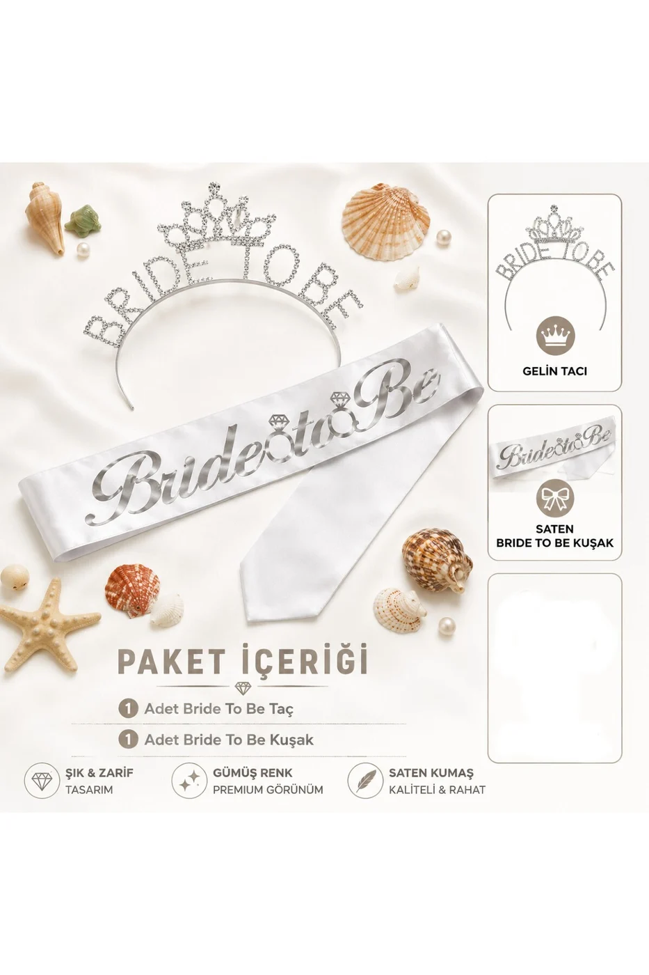 Bride To Be Taç ve Kuşak Seti Gümüş Renk Bekarlığa Veda Partisi Gelin Tacı Kuşağı gorsel 5