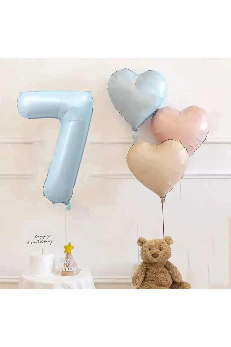 7 Yaş Mavi Rakam Folyo Balon Retro Mavi Pembe Satin Kalp Folyo Balon Doğum Günü Balon Seti