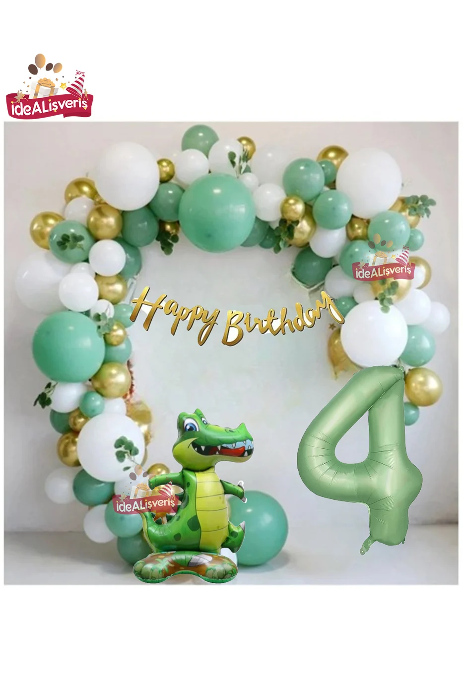 Mat Yeşil 4 Yaş Ayaklı Timsah Folyo Balon Happy Birthday Kaliğrafi Yeşil Gold Doğum Günü Parti Seti