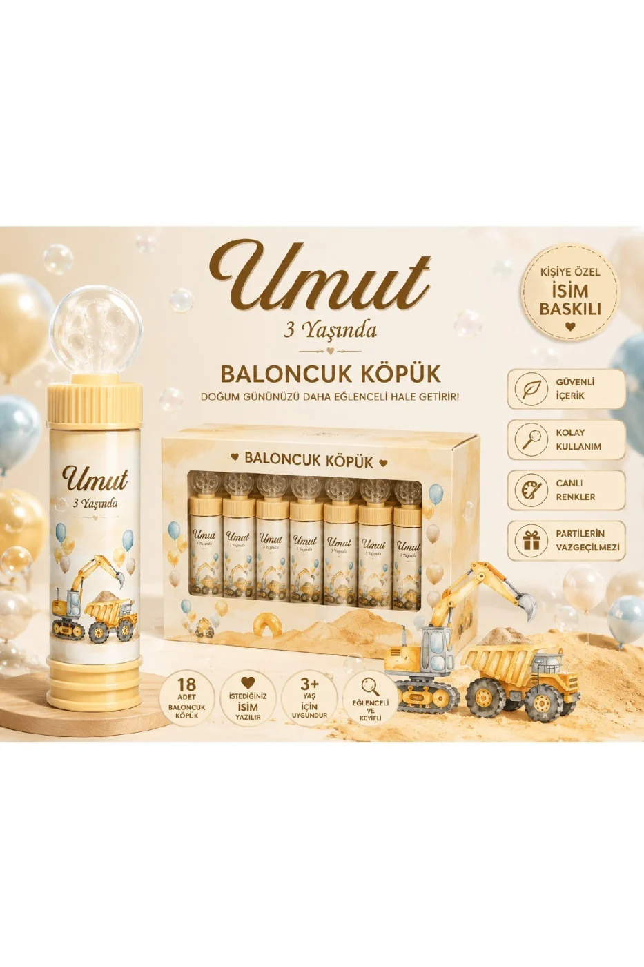 Kişiye Özel İsim Baskılı İnşaat Temalı Köpük Baloncuk Bubble Oyuncağı Çocuk Doğum Günü Parti Hediyeliği İş Makinesi Kepçe Konsepti 18'li 36'lı 54'lü Set gorsel 5