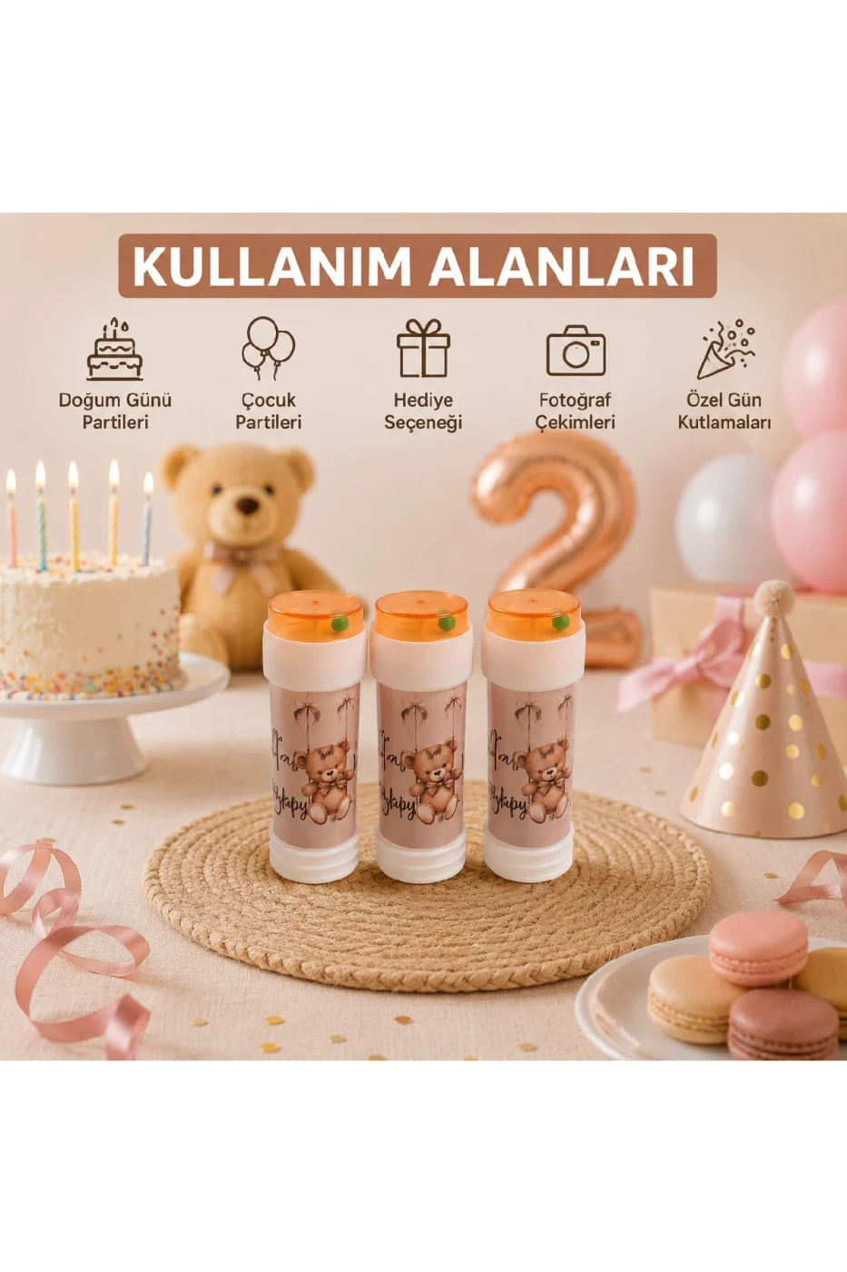 Ayıcıklı Doğum Günü Baloncuk Seti 10'lu Köpük Baloncuk Tüpü Parti Hediyeliği Bubble Oyuncağı gorsel 3