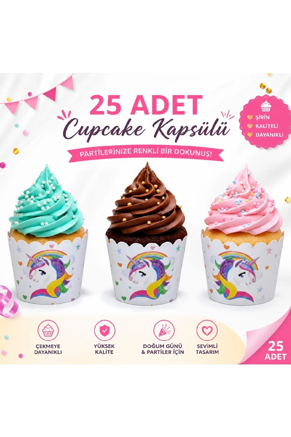 Temalı Desenli Cupcake Kapsülü 25’li – Şık Parti Muffin Kağıdı