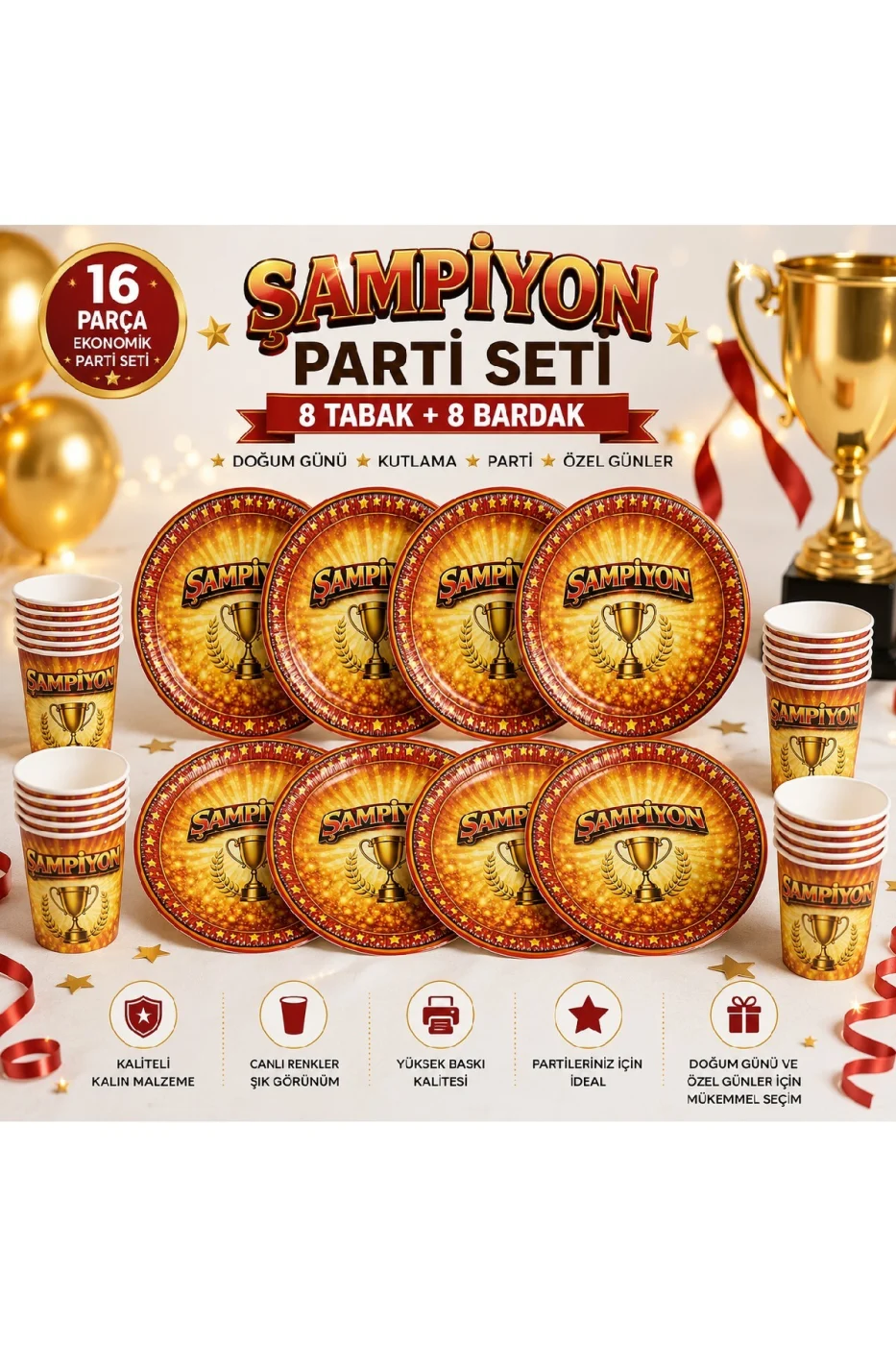 Şampiyon Kupalı Sarı Kırmızı Doğum Günü Parti Seti 16 Parça 8 Tabak 8 Bardak | Doğum Günü, Kutlama ve Özel Gün Konsept Parti Seti
