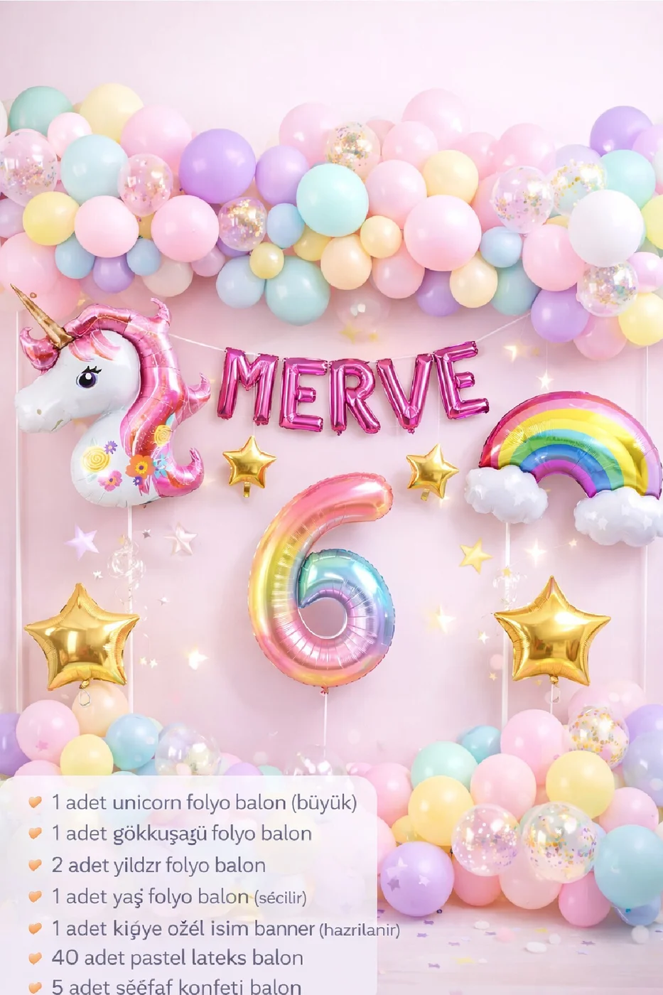 5 Harfli Kişiye Özel Unicorn Doğum Günü Süsü Pastel Balon Zinciri Gökkuşağı Unicorn Balon Parti Seti gorsel 2