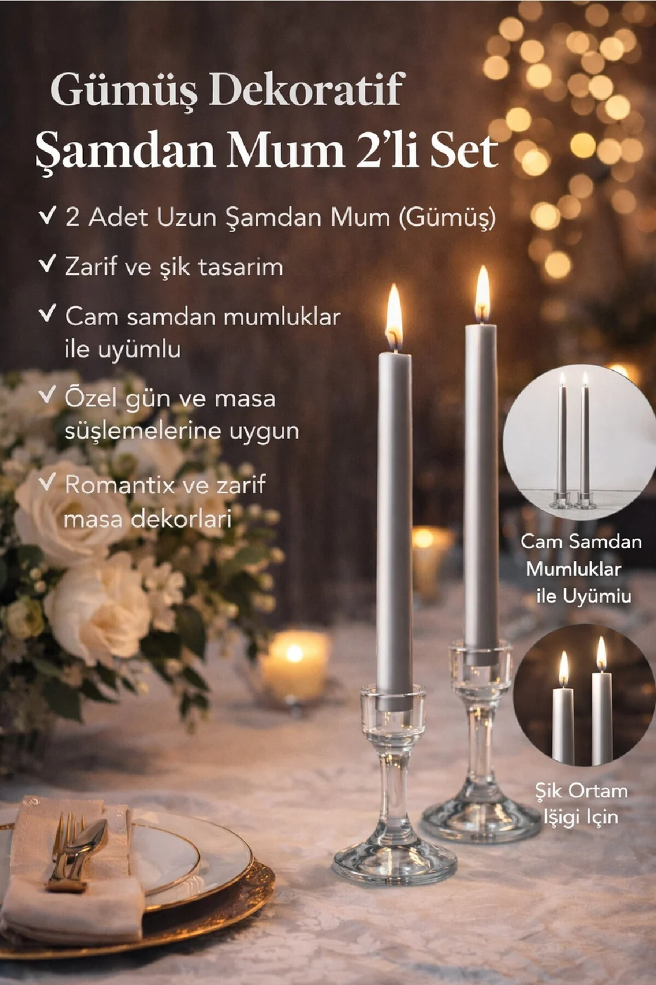 LUXE Şamdan Mum Seti 2’li Gold / Ivory / Silver Dekoratif Uzun Şamdan Mum gorsel 2