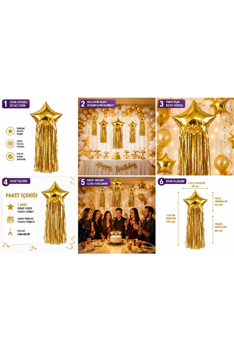 Yıldız Folyo Sarkıt Parti Süsü 110 cm | Gold, Gümüş, Mor, Kırmızı, Yeşil, Rose Gold, Açık Mavi Renk Seçenekli | Doğum Günü ve Parti Dekoru gorsel 3