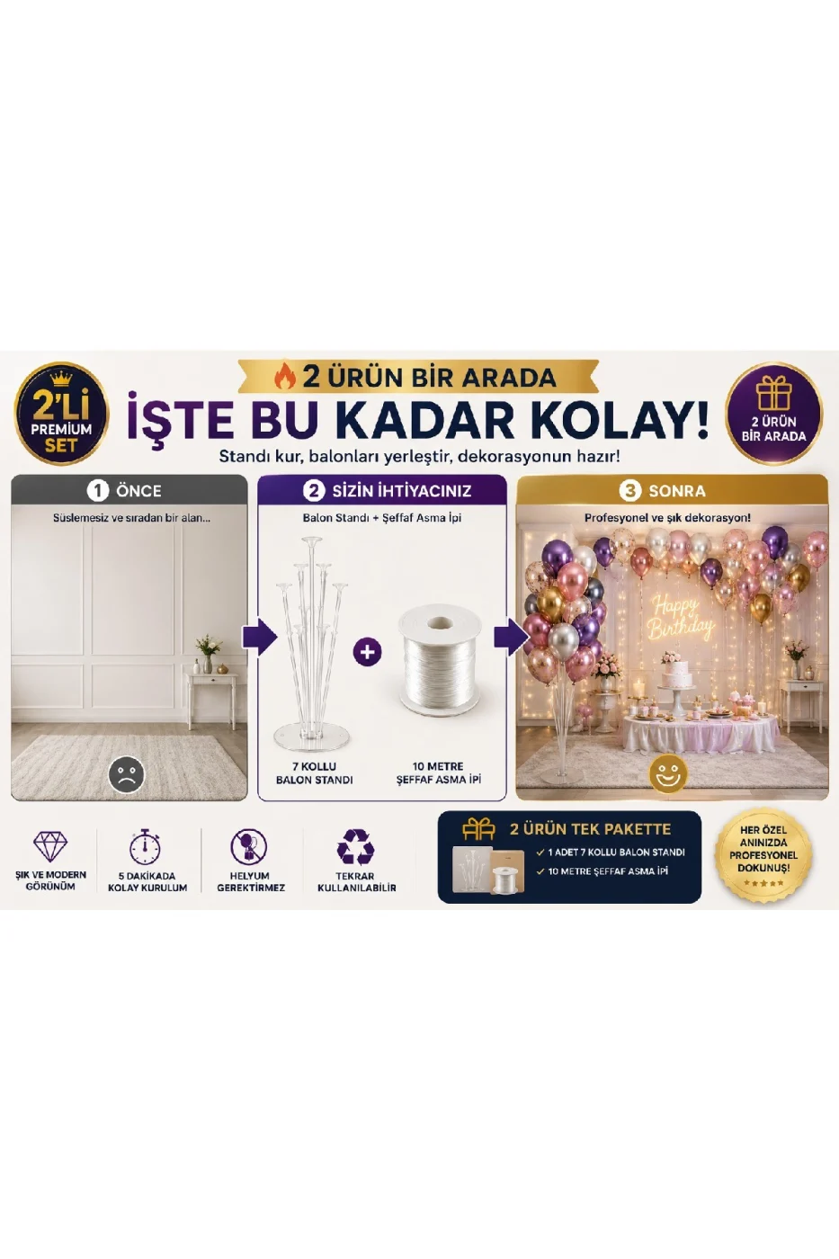 2'li Şeffaf Balon Standı Seti | 7 Kollu Balon Standı + 10 Metre Şeffaf Asma İpi | Doğum Günü, Baby Shower, Nişan ve Organizasyonlar İçin Parti Aksesuarı Parti Seti Süsü gorsel 7