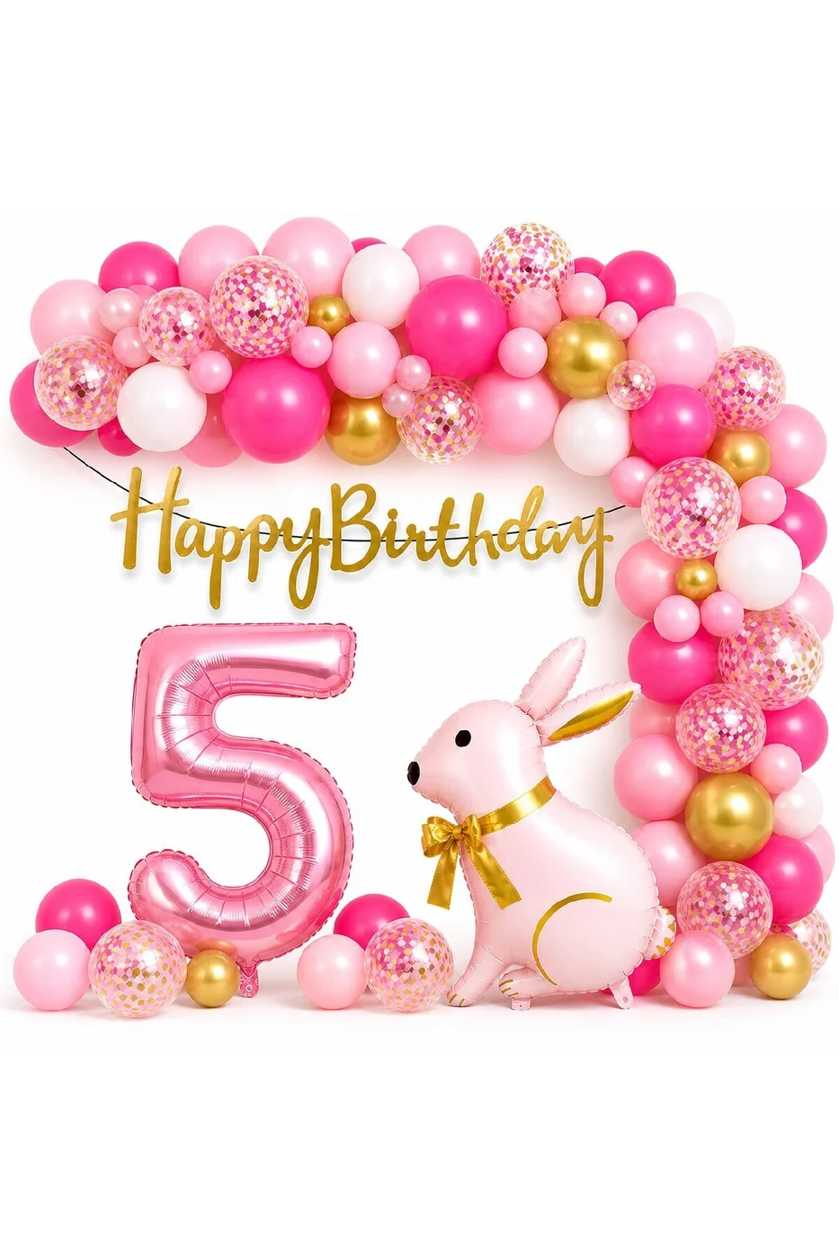 Pembe Tavşan Doğum Günü Seti 1-9 Yaş – Gold Balon Zinciri Happy Birthday Banner Parti Konsepti