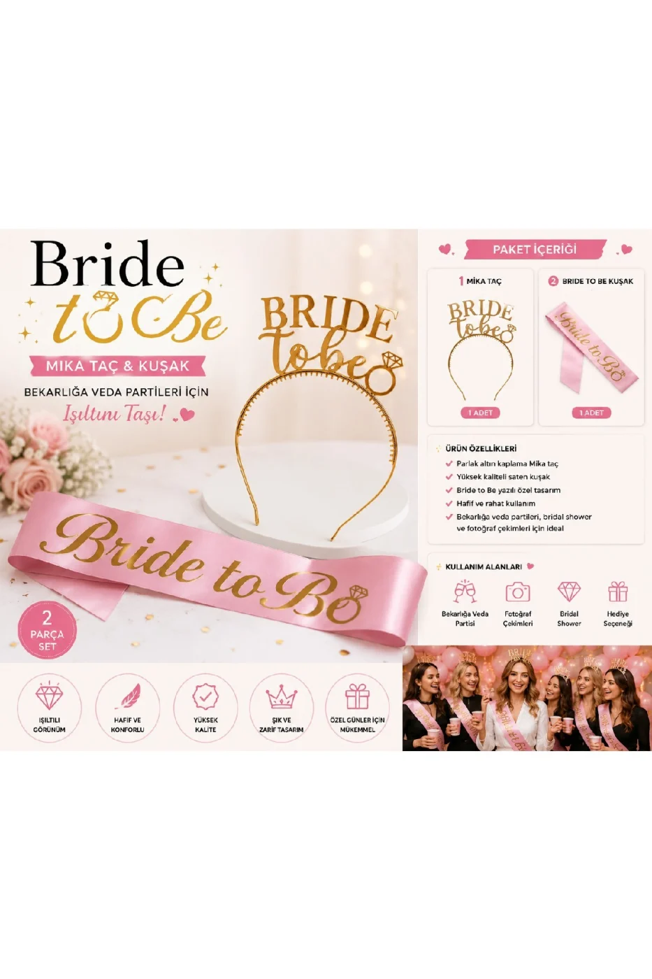 Bride To Be Taç ve Pembe Kuşak Seti - Bekarlığa Veda Gelin Aksesuarı - Bridal Shower Parti Seti gorsel 6