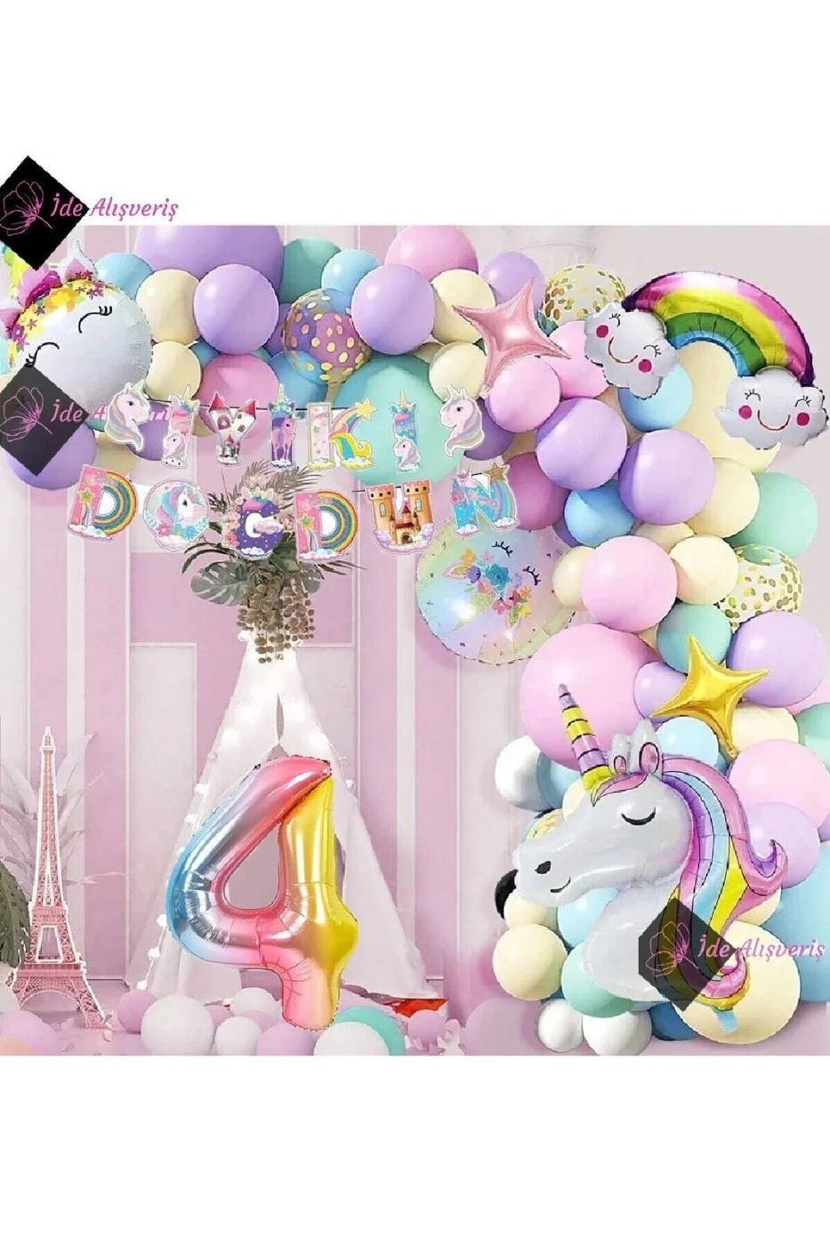 4 Yaş Karakterli Unicorn Temalı Iyi Ki Doğdun Makaron Balon Doğum Günü Parti Kutlama Seti
