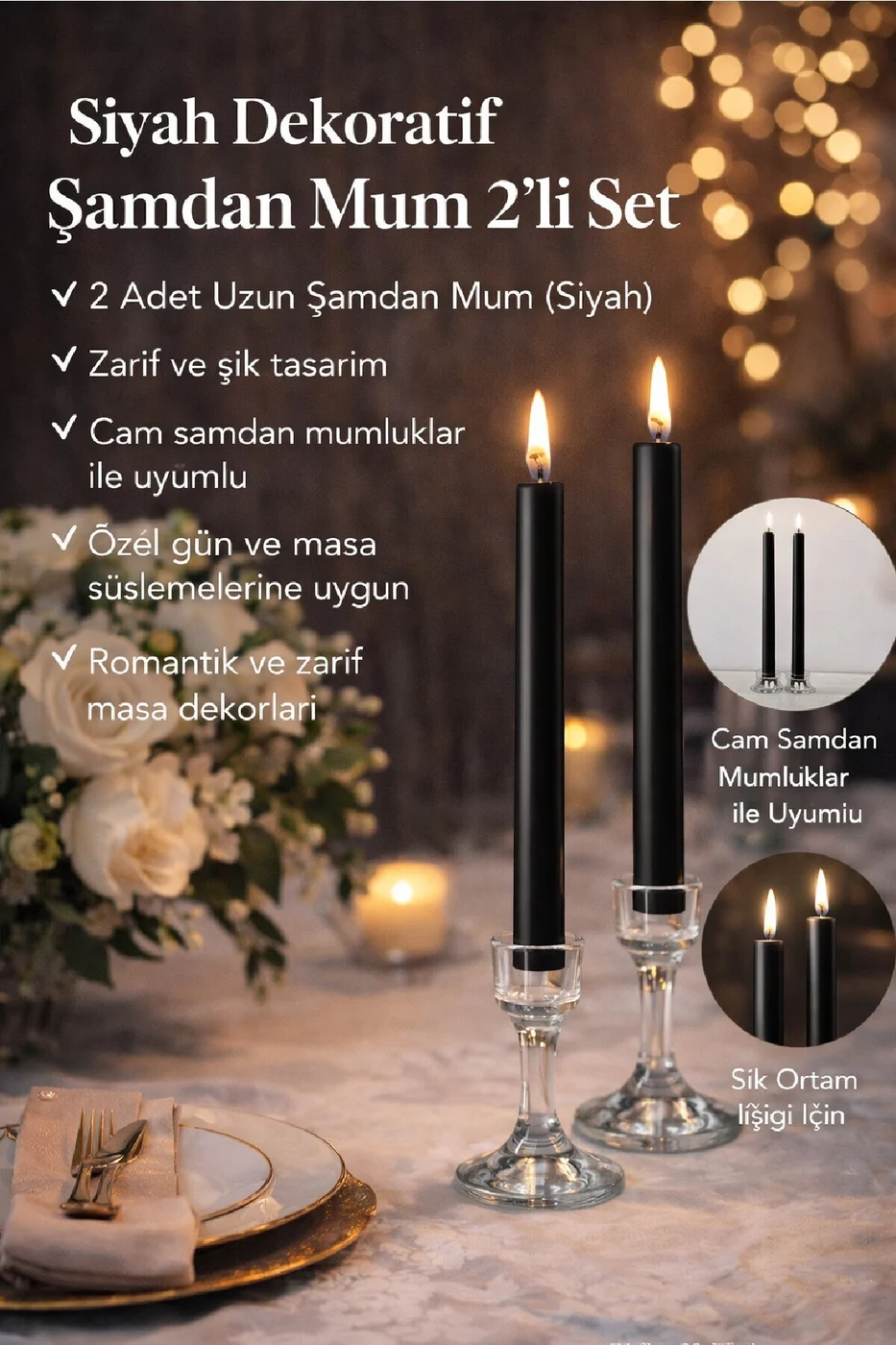 LUXE Şamdan Mum Seti 2’li Gold / Ivory / Silver Dekoratif Uzun Şamdan Mum gorsel 2