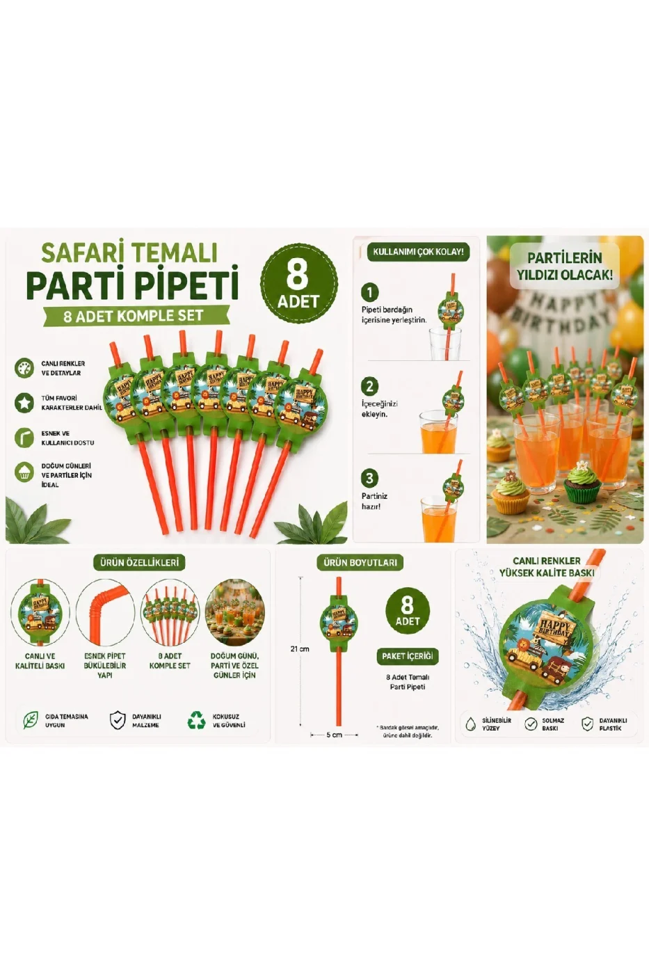 Safari Temalı Parti Pipeti 8 Adet | Doğum Günü Parti Süsleri | Çocuk Parti Malzemeleri | Dekoratif Pipet Seti gorsel 2