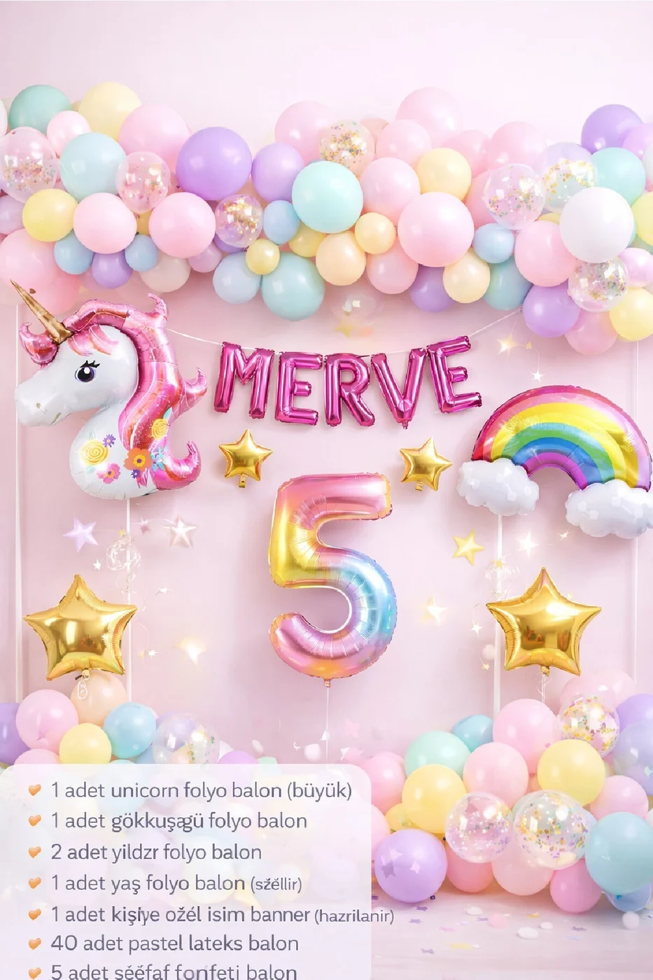 5 Harfli Kişiye Özel Unicorn Doğum Günü Süsü Pastel Balon Zinciri Gökkuşağı Unicorn Balon Parti Seti gorsel 2