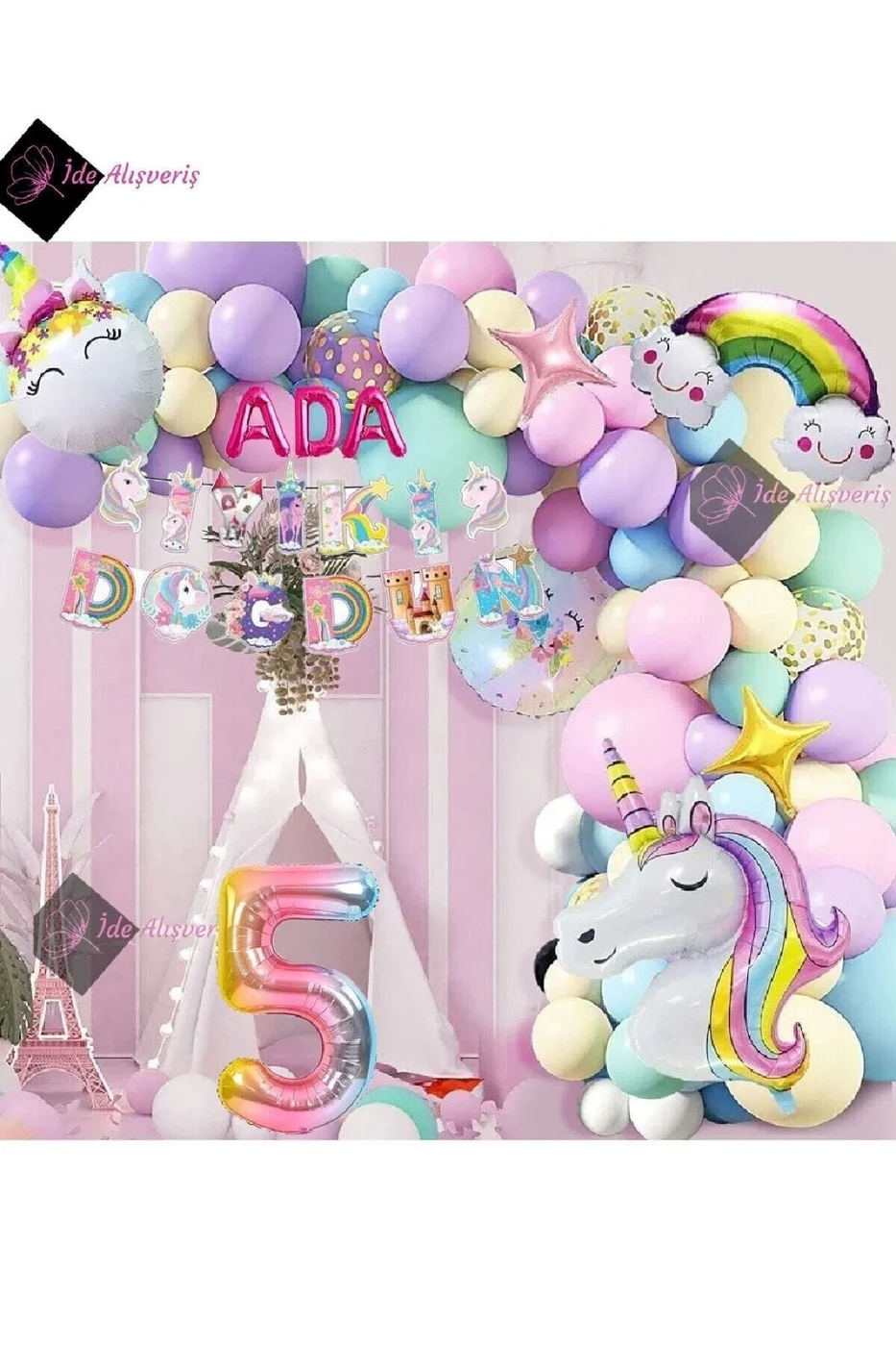 3 Harfli 5 Yaş Karakterli Unicorn Temalı Iyi Ki Doğdun Makaron Balon Doğum Günü Parti Kutlama Seti gorsel 3