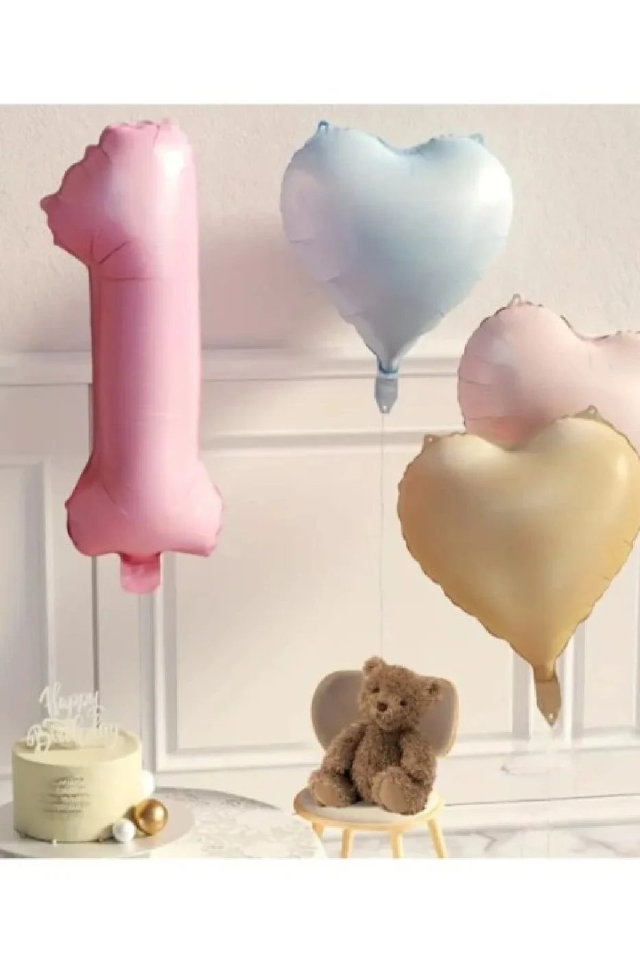 Retro Pembe Mavi Karamel Kalp Folyo Balon , Yaş Pembe Folyo Balonlu Doğum Günü Parti Seti Süsü gorsel 4