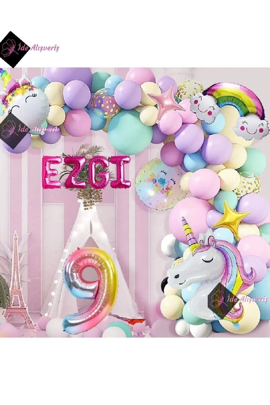 9 Yaş Ve 4 Harfli Gökkuşağı Konsepti Unicorn Temalı Makaron Balon Doğum Günü Parti Kutlama Seti