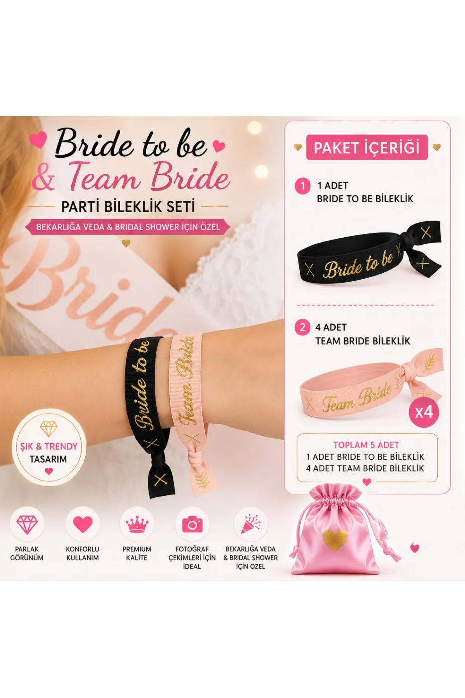 Bride To Be Bileklik Seti 5'li | 1 Bride To Be + 4 Team Bride | Bekarlığa Veda & Bridal Shower Parti Aksesuarı