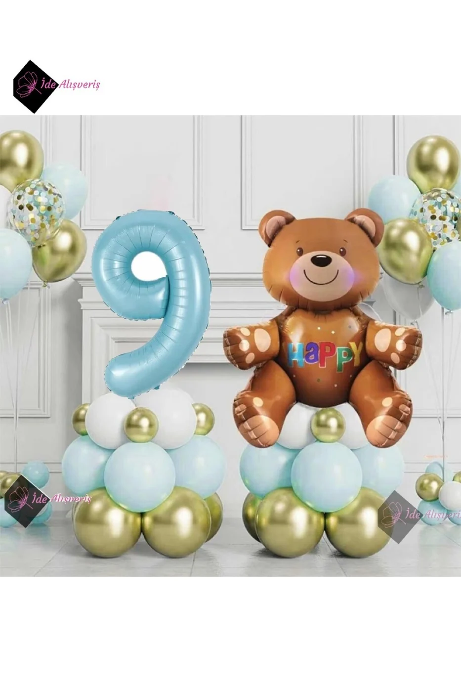 Ayıcıklı Mavi 9 Yaş Krom Balonlu Balon Seti Mavi Doğum Günü Süsü Parti Seti gorsel 2