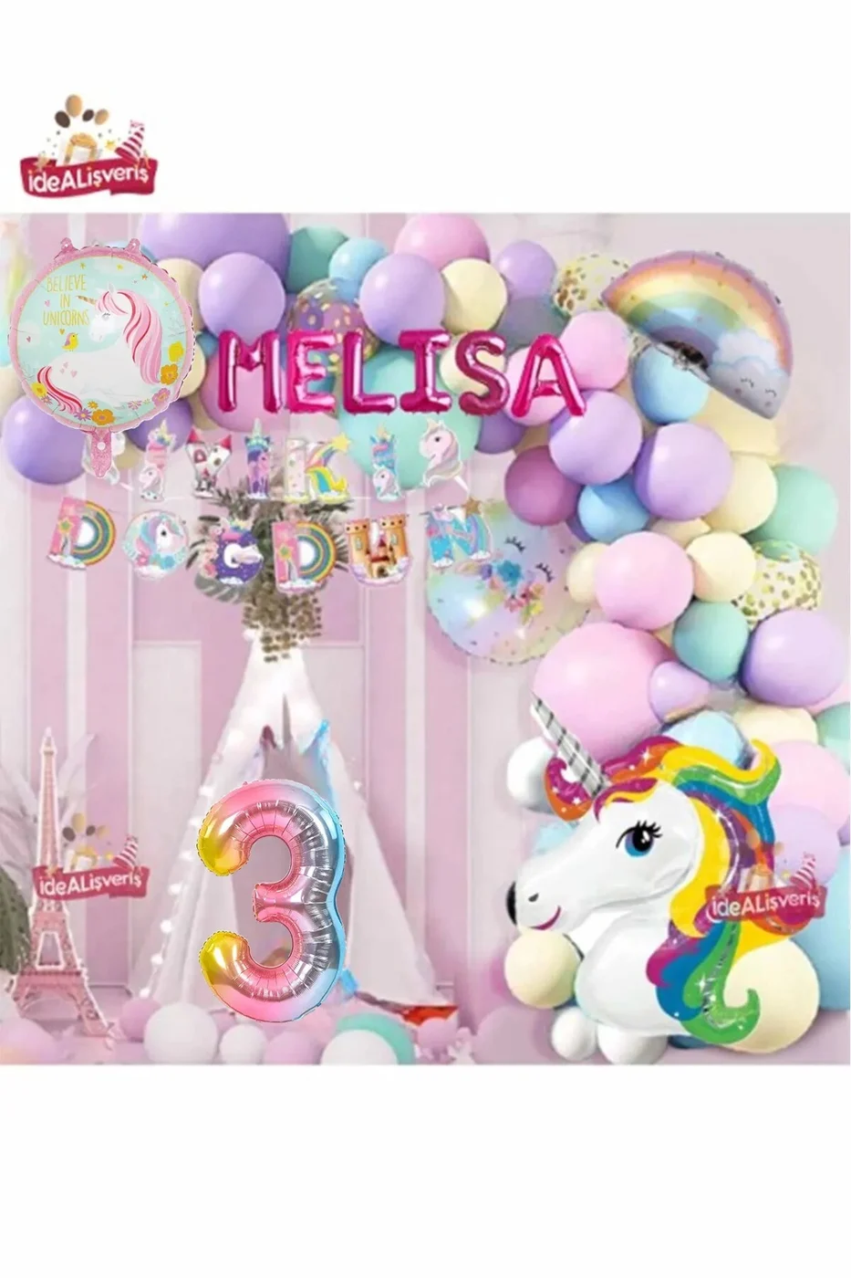 6 Harfli Yaş Unicorn Temalı Iyi Ki Doğdun Makaron Balon Doğum Günü Parti Kutlama Seti Süsü gorsel 4