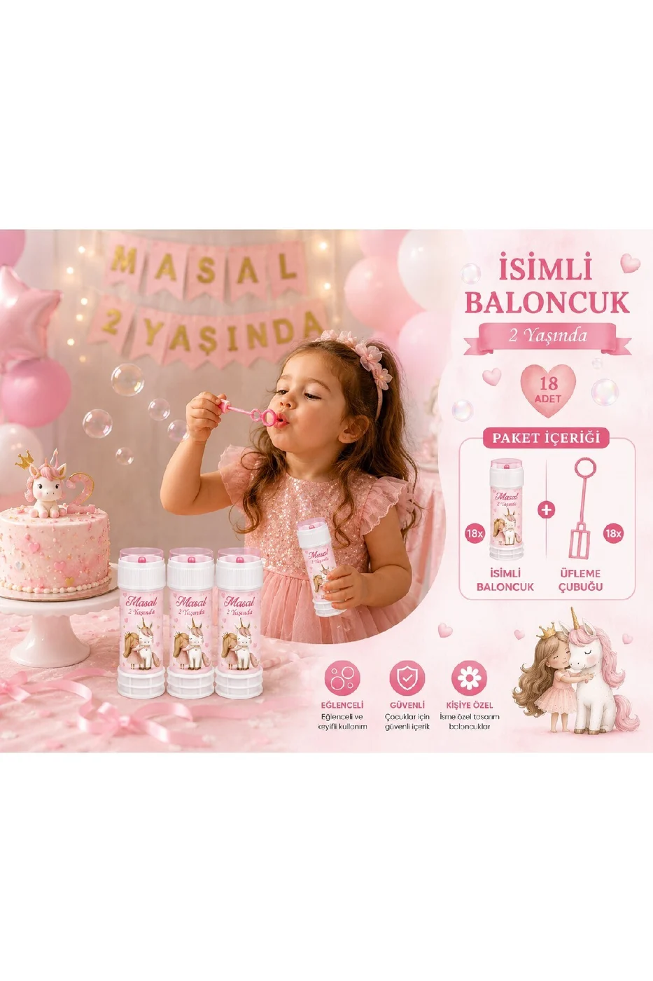 Kişiye Özel İsimli Köpük Baloncuk 18 Adet Prenses ve Unicorn Temalı Doğum Günü Parti Hediyeliği Kız Konsept