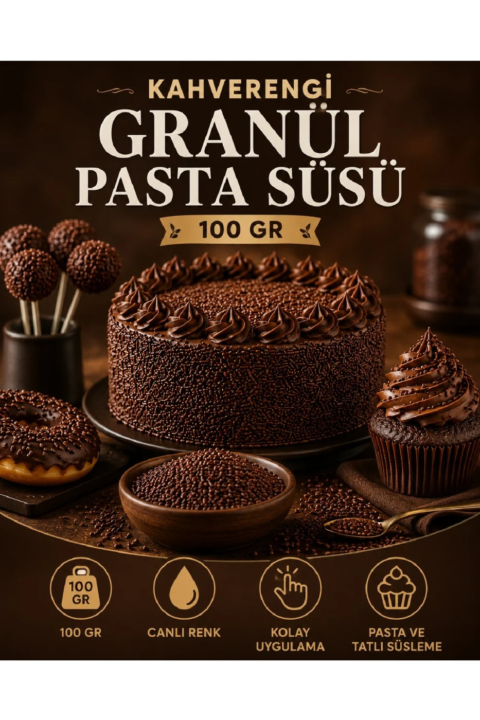 🌟Kahverengi Granül Pasta Süsü 200 Gr | Pasta, Cupcake, Donut, Kurabiye ve Tatlı Süsleme Şekeri