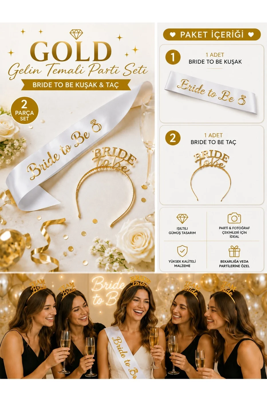 Bride To Be Gold Gümüş Kuşak ve Taç Seti | Bekarlığa Veda Parti Aksesuarı | Gold Gümüş Gelin Tacı ve Saten Kuşak | Bridal Shower Organizasyon Süsü gorsel 6