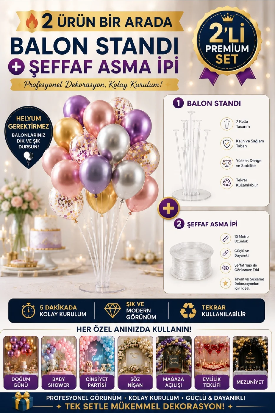 2'li Şeffaf Balon Standı Seti | 7 Kollu Balon Standı + 10 Metre Şeffaf Asma İpi | Doğum Günü, Baby Shower, Nişan ve Organizasyonlar İçin Parti Aksesuarı Parti Seti Süsü gorsel 6