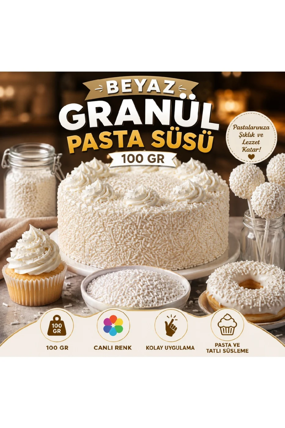 🌟 Beyaz Granül Pasta Süsü 200 Gr | Pasta, Cupcake, Donut, Kurabiye ve Tatlı Süsleme Şekeri