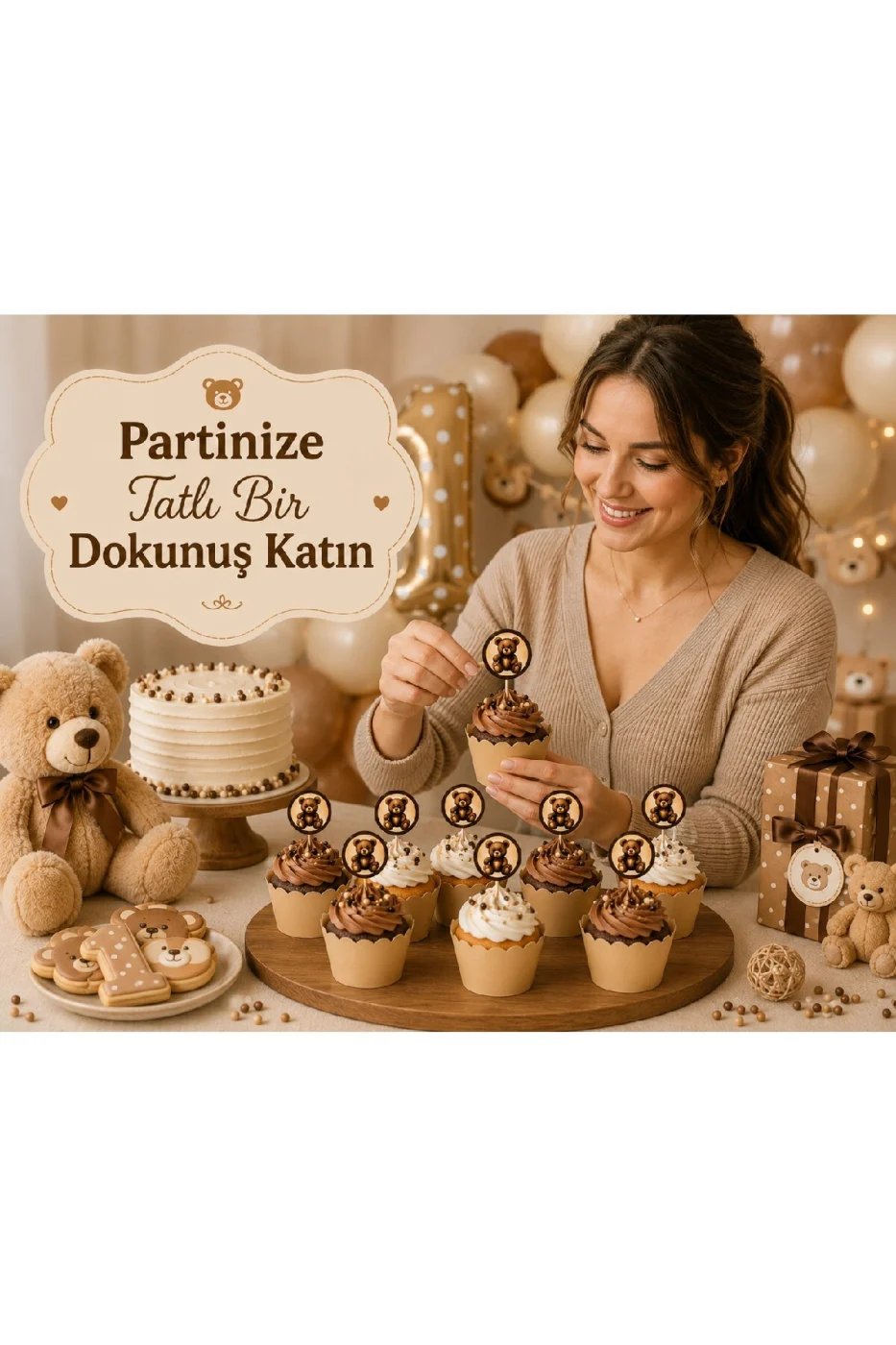 Teddy Bear Cupcake Süsü Seti | 8 Cupcake Kalıbı + 8 Ayıcık Kürdan | Baby Shower | 1 Yaş Doğum Günü | Parti Malzemeleri | 16 Parça gorsel 6