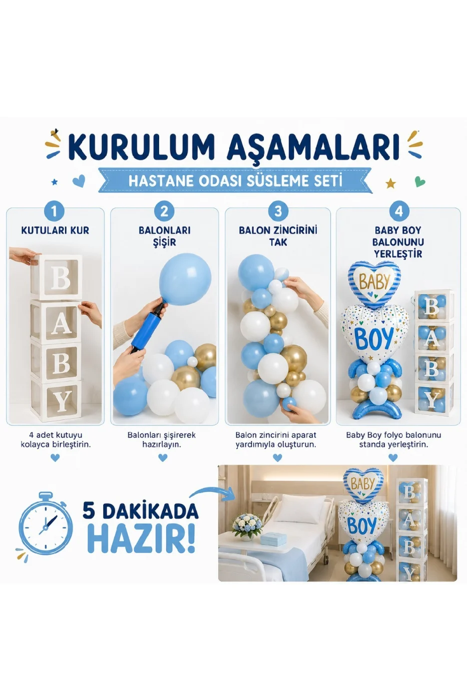 Baby Boy Hastane Odası Süsleme Seti | Erkek Bebek Hastane Karşılama Dekorasyon Seti | 4'lü BABY Kutu + Balon Zinciri Ve Balon Bandı + Folyo Balon | Premium Tam Set gorsel 4