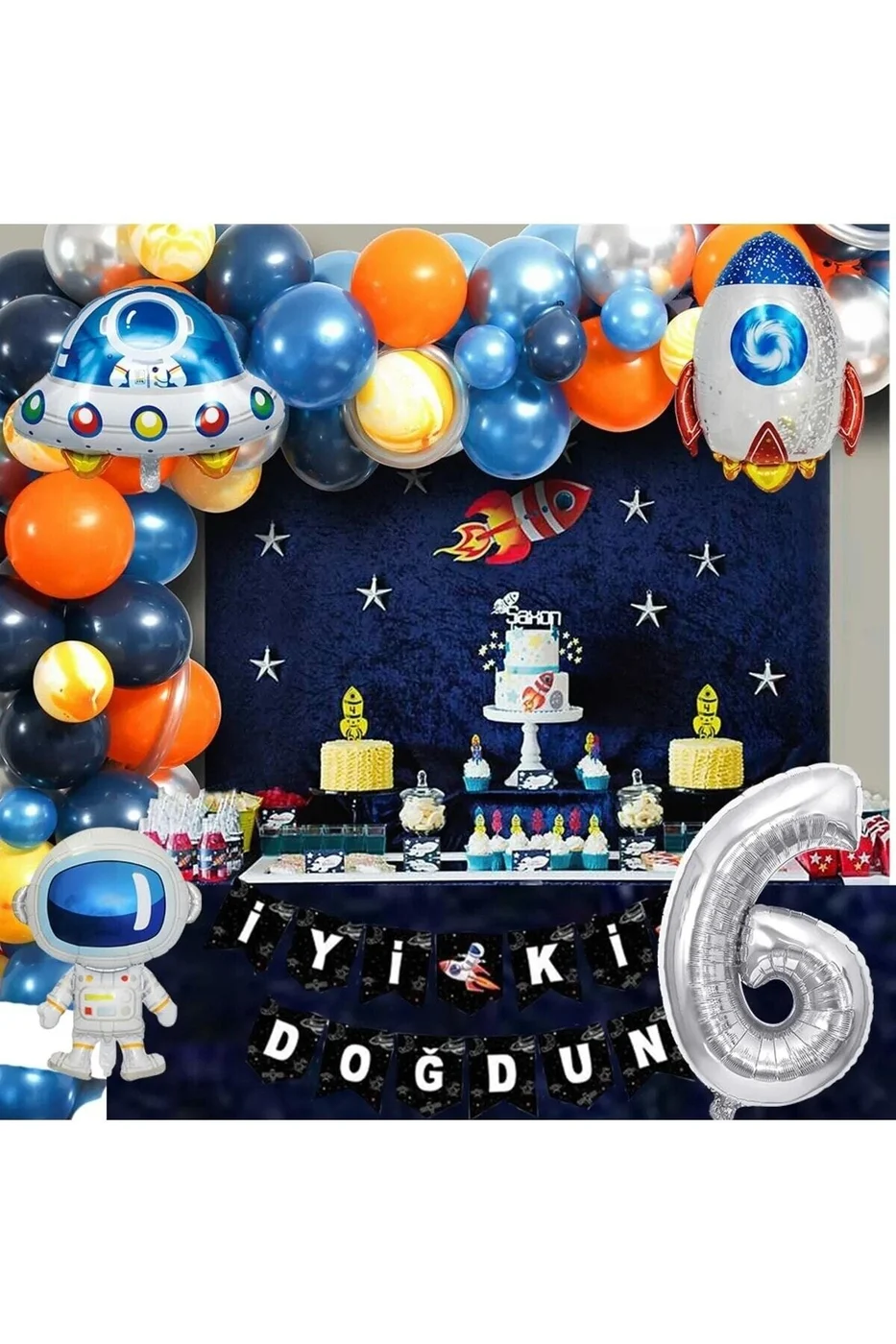 Uzay Temalı Doğum Günü Seti 6 Yaş; 4 Adet Folyo, 50 Lateks Balon, Banner, Balon Zinciri, Balon Bandı gorsel 4