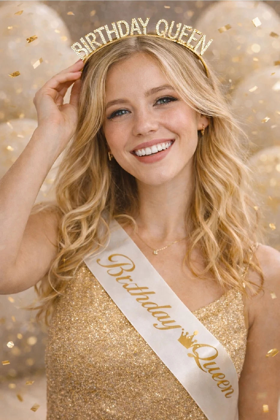 Birthday Queen Taç ve Kuşak Seti – Doğum Günü Parti Aksesuarı Gold Gümüş