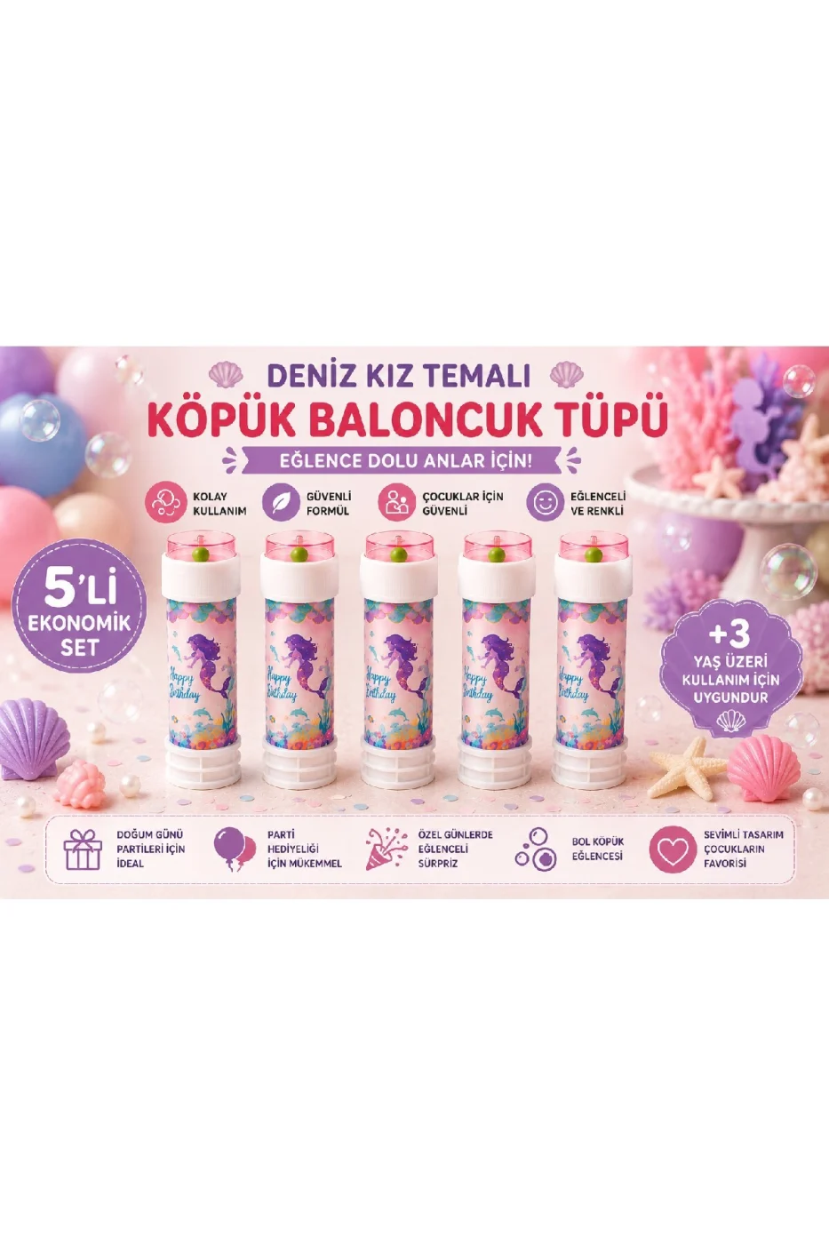 Deniz Kızı Temalı Köpük Baloncuk Tüpü 3'lü / 5'li / 10'lu Set Doğum Günü Parti Hediyeliği Bubble Oyuncağı Çocuk Baloncuk Oyuncağı
