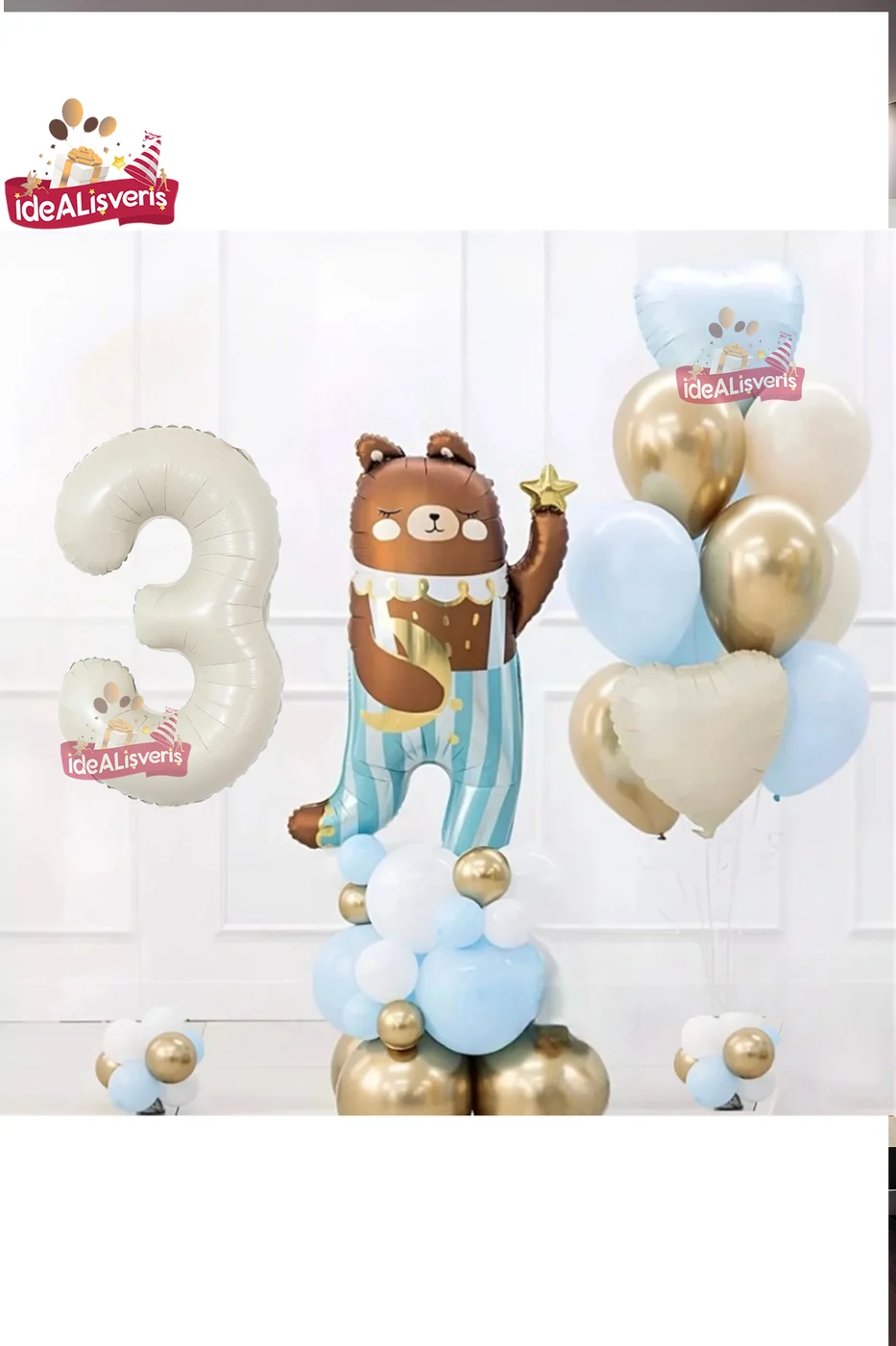 SEVİMLİ TEDDY BEAR AYI FOLYOLU 3 YAŞ KREM FOLYOLU DOĞUM GÜNÜ PARTİ SETİ SÜSÜ gorsel 4