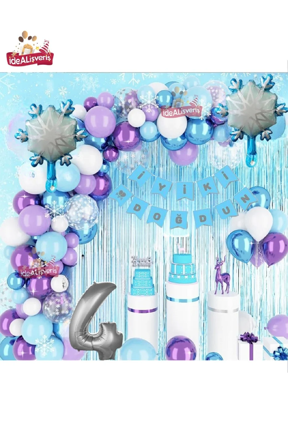 KIZ ÇOCUKLARI İÇİN LÜKS FROZEN ELSA TEMALI KAR TANESİ FOLYO BALONLU DOĞUM GÜNÜ PARTİ SETİ SÜSÜ