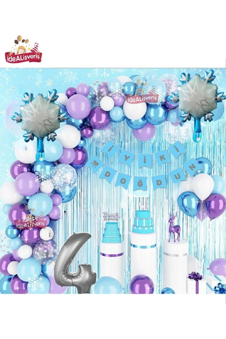 KIZ ÇOCUKLARI İÇİN LÜKS 4 YAŞ FROZEN ELSA TEMALI KAR TANESİ FOLYOLU DOĞUM GÜNÜ PARTİ SETİ SÜSÜ gorsel 5