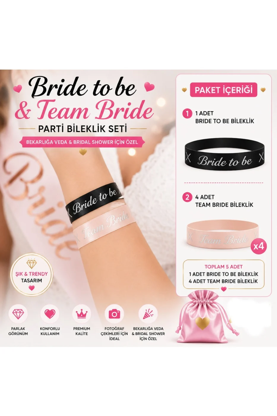 Bride To Be Bileklik Seti 5'li | 1 Bride To Be + 4 Team Bride | Bekarlığa Veda & Bridal Shower Parti Aksesuarı