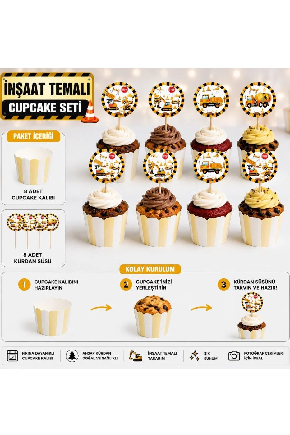 İnşaat Temalı Cupcake Seti 16 Parça – 8 Cupcake Kalıbı + 8 İş Makinesi Kürdan Süs Doğum Günü Parti Malzemesi