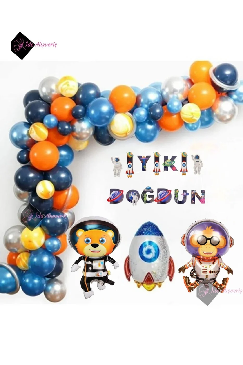 Uzay Temalı Doğum Günü Seti 3 Adet Folyo, 45 Lateks Balon, Banner, Balon Zinciri, Balon Bandı gorsel 2