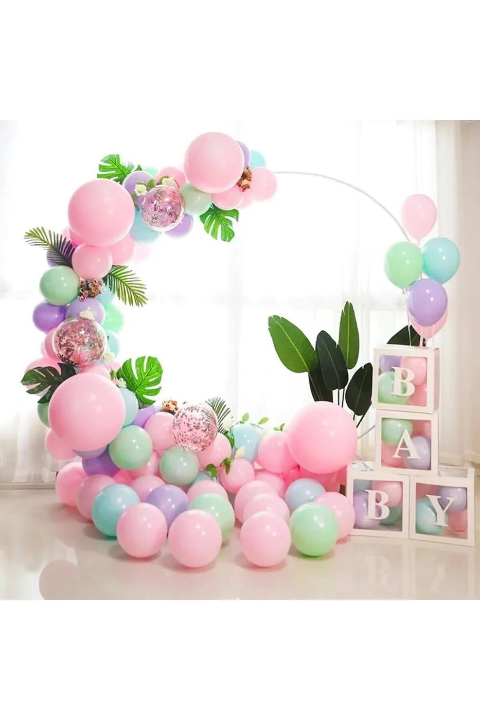 Lüks Baby Yazılı Balon Kutusu Turkuaz Pembe Konsept Doğum Günü Kutlama Seti gorsel 2
