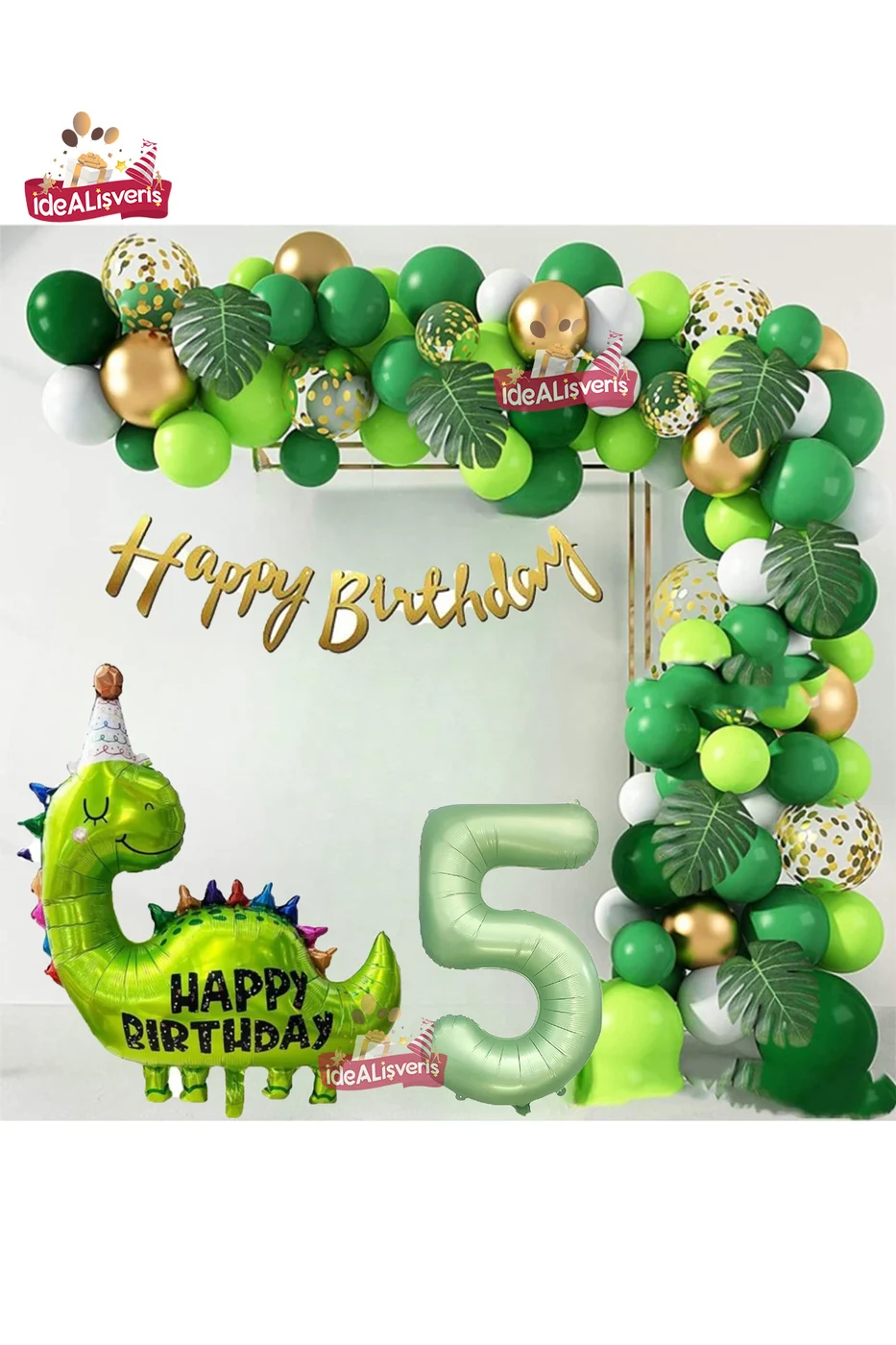 Happy Birthday Yazılı Dinozor 5 Yaş Folyo Balonlu Yeşil Gold Beyaz Doğum Günü Parti Seti
