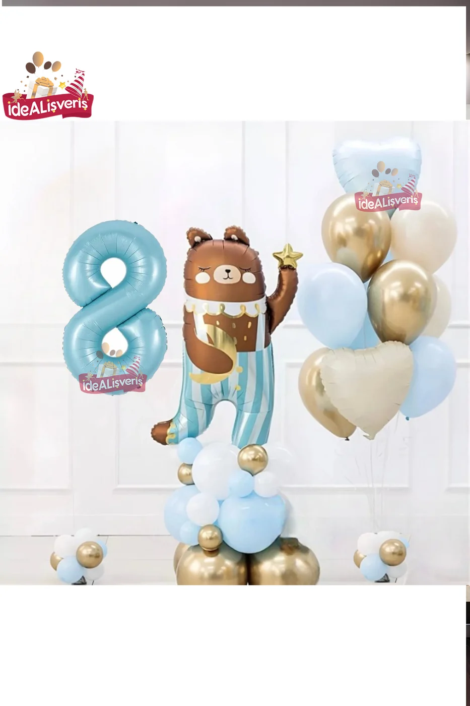 SEVİMLİ TEDDY BEAR AYI FOLYOLU 8 YAŞ MAVİ FOLYOLU DOĞUM GÜNÜ PARTİ SETİ SÜSÜ gorsel 2