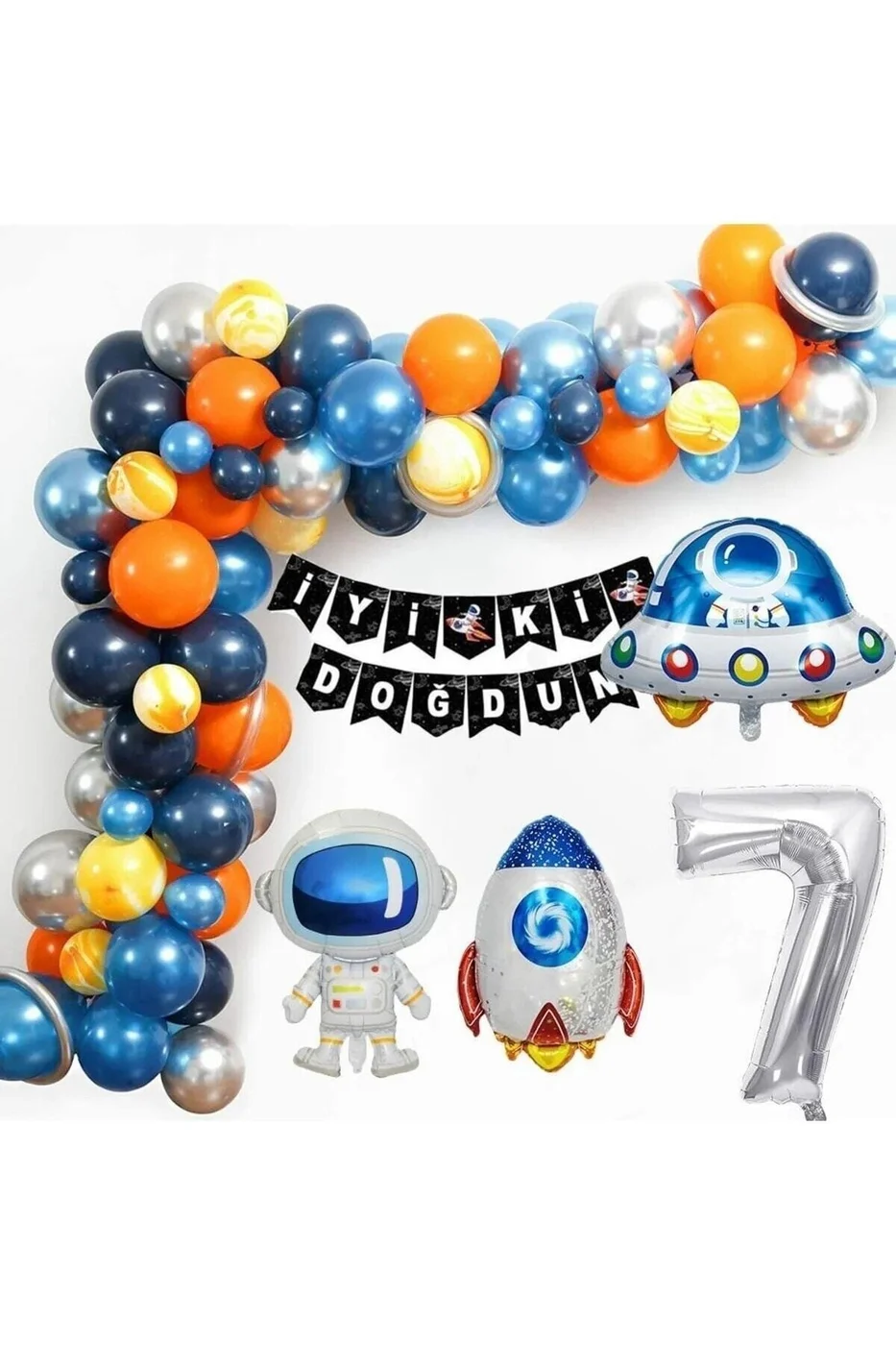Uzay Temalı Doğum Günü Seti 7 Yaş; 4 Adet Folyo, 50 Lateks Balon, Banner, Balon Zinciri, Balon Bandı gorsel 2